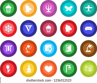 Round color solid flat icon set - butterfly vector, garden light, heart, tulip, themes, bell, sertificate, desk lamp, cushioned furniture, restaurant table, candle, snowflake, outdoor, door, pennon