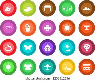 Round color solid flat icon set - cafe vector, sun, flower in pot, lawn mower, butterfly, lady bug, pond, picnic table, brightness, fruit tree, mountains, restaurant, alcove
