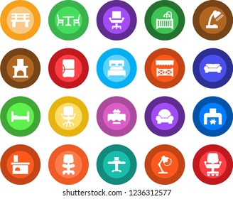 Round color solid flat icon set - cafe vector, office chair, bench, fireplace, desk lamp, bedroom, children room, cushioned furniture, restaurant table, alcove, fridge