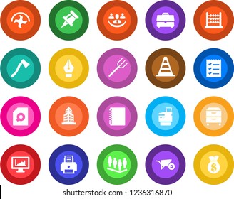 Round color solid flat icon set - border cone vector, team, farm fork, ripper, wheelbarrow, axe, case, copybook, company, monitor statistics, drawing pin, office building, document search, abacus