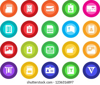 Round color solid flat icon set - credit card vector, identity, medical calendar, gallery, sd, sim, archive box, wine, pass, pennon