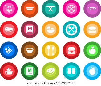 Round color solid flat icon set - spoon and fork vector, picnic table, cafe, menu, salad, salt pepper, steak, hamburger, bowl, sushi, apple fruit