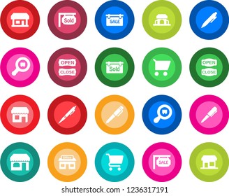 Round color solid flat icon set - shop vector, pen, store, search cargo, sale, sold signboard, cafe building, open close, cart, storefront