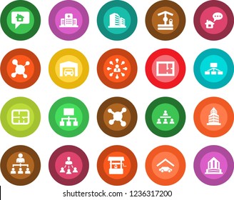 Round color solid flat icon set - hierarchy vector, well, molecule, hospital, office building, garage, plan, home message