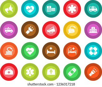 Round color solid flat icon set - hose vector, heart pulse, doctor case, patch, ambulance star, car, hospital bed, loudspeaker, torch