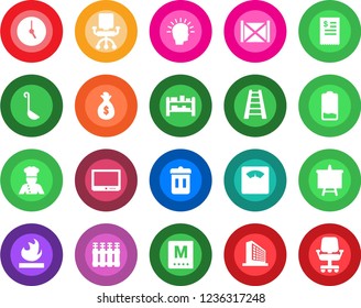 Round color solid flat icon set - office building vector, presentation board, ladder, scales, container, flammable, rack, tv, low battery, clock, cook, menu, restaurant receipt, ladle, radiator