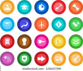 Round color solid flat icon set - right arrow vector, handshake, graduate, bulb, shovel, watering, sickle, heart shield, broken bone, stopwatch, archive box, key, bathroom, plates, pc, windmill