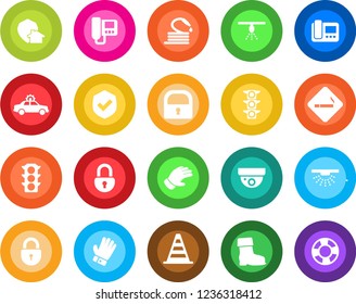 Round color solid flat icon set - smoking place vector, alarm car, border cone, lock, glove, boot, hose, traffic light, shield, intercome, home protect, surveillance, sprinkler, crisis management
