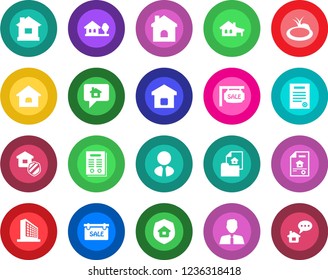 Round color solid flat icon set - office building vector, house, pond, contract, with garage, tree, estate document, sale, agent, smart home, insurance, message