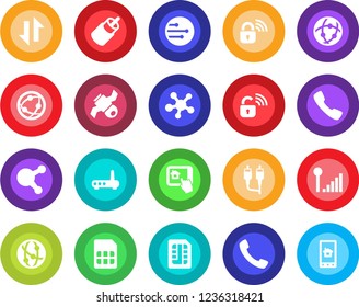 Round color solid flat icon set - satellite vector, network, share, rca, call, sim, data exchange, cellular signal, wireless lock, router, home control app