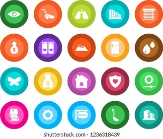 Round color solid flat icon set - book vector, money bag, lawn mower, butterfly, house, sun, heart shield, lungs, eye, brightness, mountains, rooms, office building, ladle, water, jalousie, fridge