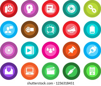 Round color solid flat icon set - brainstorm vector, clapboard, vinyl, camera, loudspeaker, tv, video, speaker, laptop pc, chain, group, paper pin, low battery, mail, hdmi, jack connector, news