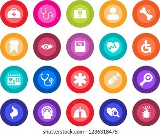 Round color solid flat icon set - heart pulse vector, doctor case, stethoscope, syringe, diagnostic, scales, tomography, ambulance star, disabled, stomach, lungs, caries, eye, broken bone, patient