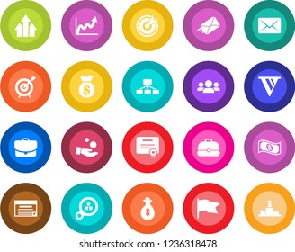 Round color solid flat icon set - target vector, consumer search, group, arrow up graph, money bag, pennon, growth, investment, flag, cash, case, schedule, hierarchy, certificate, mail, pedestal