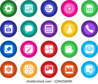 Round color solid flat icon set - call vector, message, gallery, settings, themes, calculator, mail, scanner, sim, network, calendar, notes, fingerprint id, video, photo, charge, application