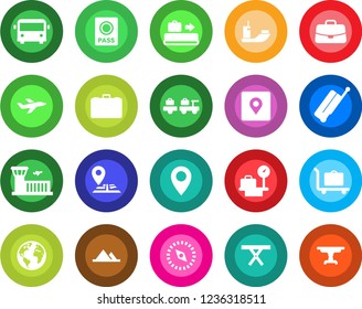 Round color solid flat icon set - suitcase vector, baggage conveyor, trolley, airport bus, passport, larry, luggage scales, building, case, picnic table, navigation, earth, pin, plane, sea shipping