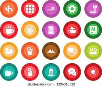 Round color solid flat icon set - coffee vector, flower in pot, route, heavy scales, dialog, menu, settings, pool, mountains, city house, salad, alarm led