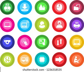 Round color solid flat icon set - wireless notebook vector, right arrow, mouse, printer, support, folder document, network, touch screen, laptop pc, data exchange, download, manager desk, chip