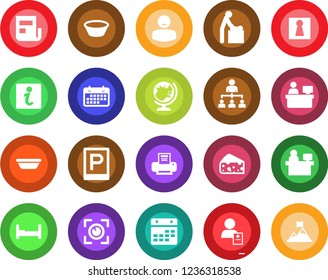 Round color solid flat icon set - parking vector, female, baby room, globe, hierarchy, manager place, patient, term, calendar, news, printer, bedroom, bowl, cheese, eye scan, information, motivation
