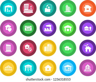 Round color solid flat icon set - airport building vector, factory, greenhouse, warehouse, office, house, with garage, tree, estate document, sold signboard, sweet home, city, insurance, eco