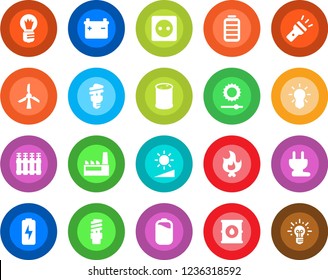 Round color solid flat icon set - bulb vector, fire, oil barrel, battery, torch, brightness, charge, factory, socket, power plug, radiator, energy saving, windmill, idea