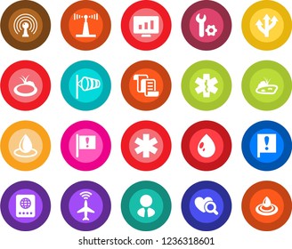 Round color solid flat icon set - plane radar vector, passport, wind, contract, statistic monitor, water drop, pond, heart diagnostic, ambulance star, route, important flag, antenna, root setup
