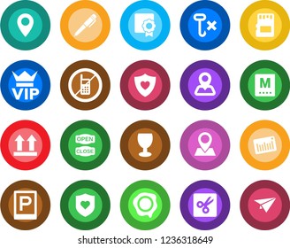 Round color solid flat icon set - parking vector, no mobile, vip, stamp, heart shield, navigation, pin, fragile, up side sign, hook, barcode, sd, cut, sertificate, pen, menu, open close, paper plane