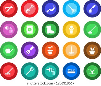 Round color solid flat icon set - flower in pot vector, garden fork, shovel, farm, rake, seedling, watering can, pruner, boot, hoe, sickle, fertilizer, irrigation