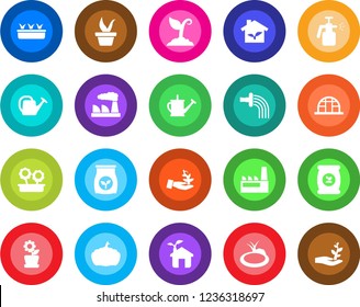 Round color solid flat icon set - factory vector, seedling, watering can, sproute, pumpkin, greenhouse, pond, garden sprayer, fertilizer, flower in pot, eco house, palm