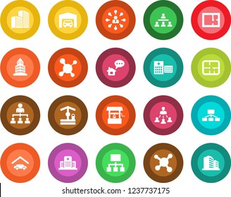 Round color solid flat icon set - hierarchy vector, well, molecule, hospital, office building, garage, plan, home message