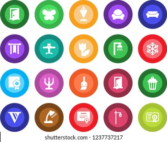 Round color solid flat icon set - pennant vector, butterfly, garden light, tulip, themes, sertificate, desk lamp, cushioned furniture, restaurant table, candle, snowflake, outdoor, door, pennon