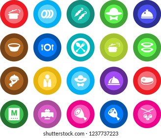 Round color solid flat icon set - spoon and fork vector, waiter, dish, restaurant table, cafe, menu, plates, dress code, steak, kebab, ham, bowl, steaming pan, sushi