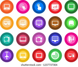 Round color solid flat icon set - plane radar vector, notebook pc, statistic monitor, pulse, tv, touch screen, laptop, hdmi, statistics, intercome