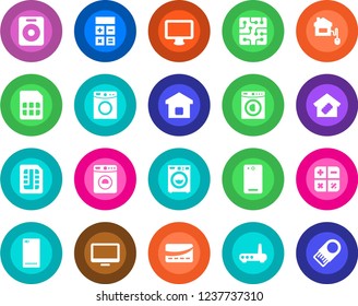 Round color solid flat icon set - washer vector, calculator, monitor, speaker, phone back, sim, smart home, credit card, control, chip, router, usb flash