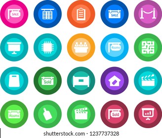 Round color solid flat icon set - fence vector, flight table, presentation board, meeting, clapboard, clipboard, sale, rooms, sold signboard, smart home, cutting, chip