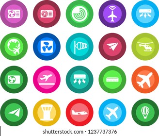Round color solid flat icon set - plane vector, airport tower, radar, departure, wind, helicopter, globe, air conditioner, fan, paper, balloon