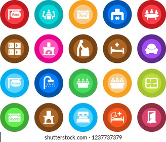 Round color solid flat icon set - baby room vector, shower, checkroom, meeting, fireplace, hospital bed, plan, rent, rooms, bedroom, cushioned furniture, door