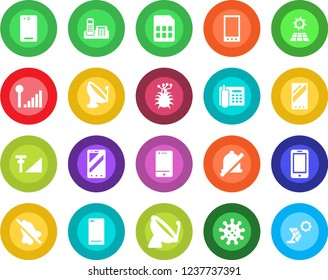 Round color solid flat icon set - satellite antenna vector, mobile phone, virus, cell, back, sim, mute, cellular signal, office, sun panel