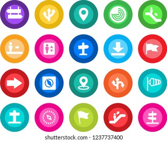 Round color solid flat icon set - elevator vector, escalator, signpost, right arrow, wind, radar, route, pin, download, place tag, compass, flag, guidepost