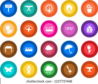 Round color solid flat icon set - umbrella vector, flower in pot, ripper, tree, butterfly, lady bug, seedling, rain, plant label, picnic table, tulip