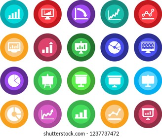 Round color solid flat icon set - growth statistic vector, presentation board, crisis graph, circle chart, monitor pulse, statistics, bar, pie, point