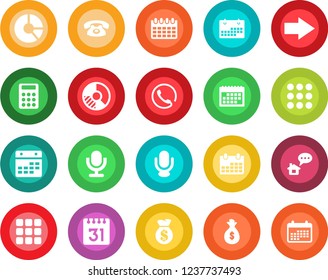 Round color solid flat icon set - right arrow vector, calendar, circle chart, microphone, menu, calculator, phone, home message, money bag