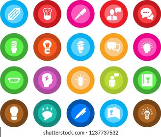 Round color solid flat icon set - speaking man vector, pen, brainstorm, bulb, dialog, wine card, hot dog, energy saving, shining head, idea