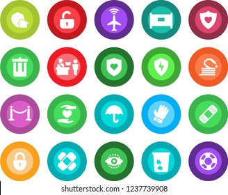 Round color solid flat icon set - plane radar vector, fence, passport control, trash bin, lock, glove, hose, patch, heart shield, hand, umbrella, protect, eye id, home, crisis management