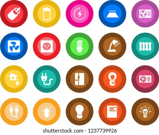 Round color solid flat icon set - bulb vector, battery, rca, charge, desk lamp, air conditioner, fridge, home control, socket, power plug, fan, water heater, radiator, warm floor, energy saving