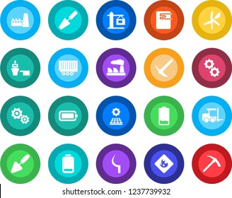 Round color solid flat icon set - fork loader vector, factory, trowel, sickle, truck trailer, sea port, flammable, low battery, sun panel, crane, water heater, gear, windmill, hard work