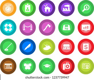 Round color solid flat icon set - fence vector, identity card, graduate, pen, factory, statistic monitor, butterfly, hoe, axe, pond, patch, receipt, heavy, camera, cafe building, eco house, schedule