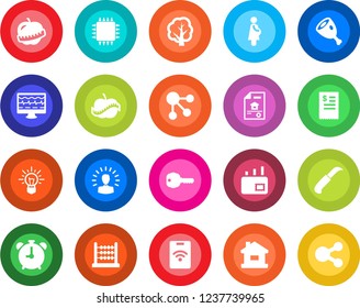 Round color solid flat icon set - alarm clock vector, tree, garden knife, monitor pulse, diet, pregnancy, abacus, mail, house, estate document, key, restaurant receipt, ham, chip, pass card, idea
