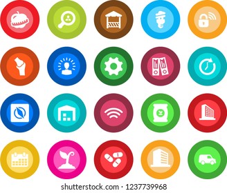 Round color solid flat icon set - office building vector, binder, calendar, sproute, fertilizer, pills, joint, diet, settings, wireless, compass, warehouse, client search, alcove, lock, shining head