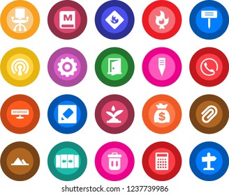 Round color solid flat icon set - automatic door vector, gear, money bag, fire, plant label, flammable, notes, paper clip, mountains, phone, menu, reserved, irrigation, wireless, trash bin